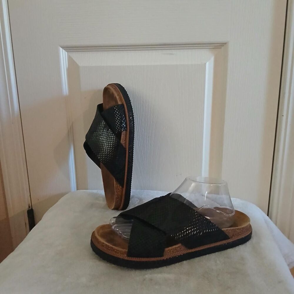 Free People Sidelines Black Faux Snakeskin Slide Sandals Boho Gorpcore Granola